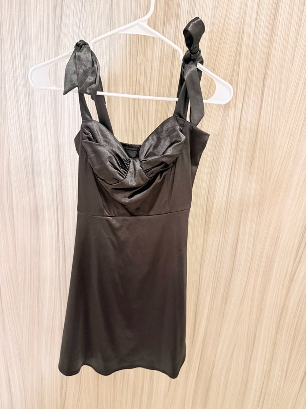 Lucy in the Sky Black Satin Mini Dress with Bow Strap